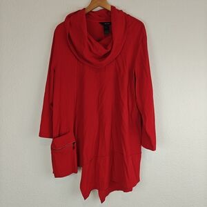 Ali Miles Red Asymmetrical Cowl Neck Tunic Top Zip Pocket 3/4 Sleeve Art to Wear